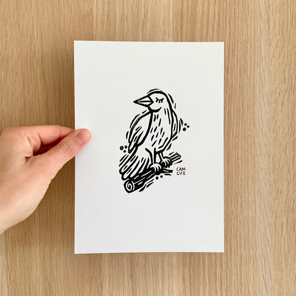Corbeau, linogravure par Camille Cauvez