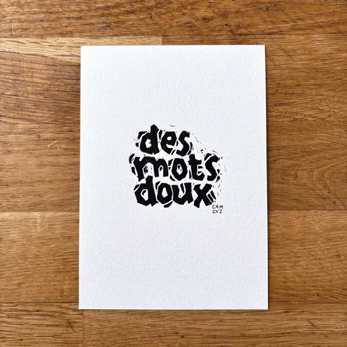 Des mots doux, linogravure par Camille Cauvez