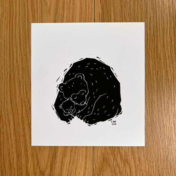 Linogravure ours et ourson｜illustration famille, amitié, amour, fête des mères